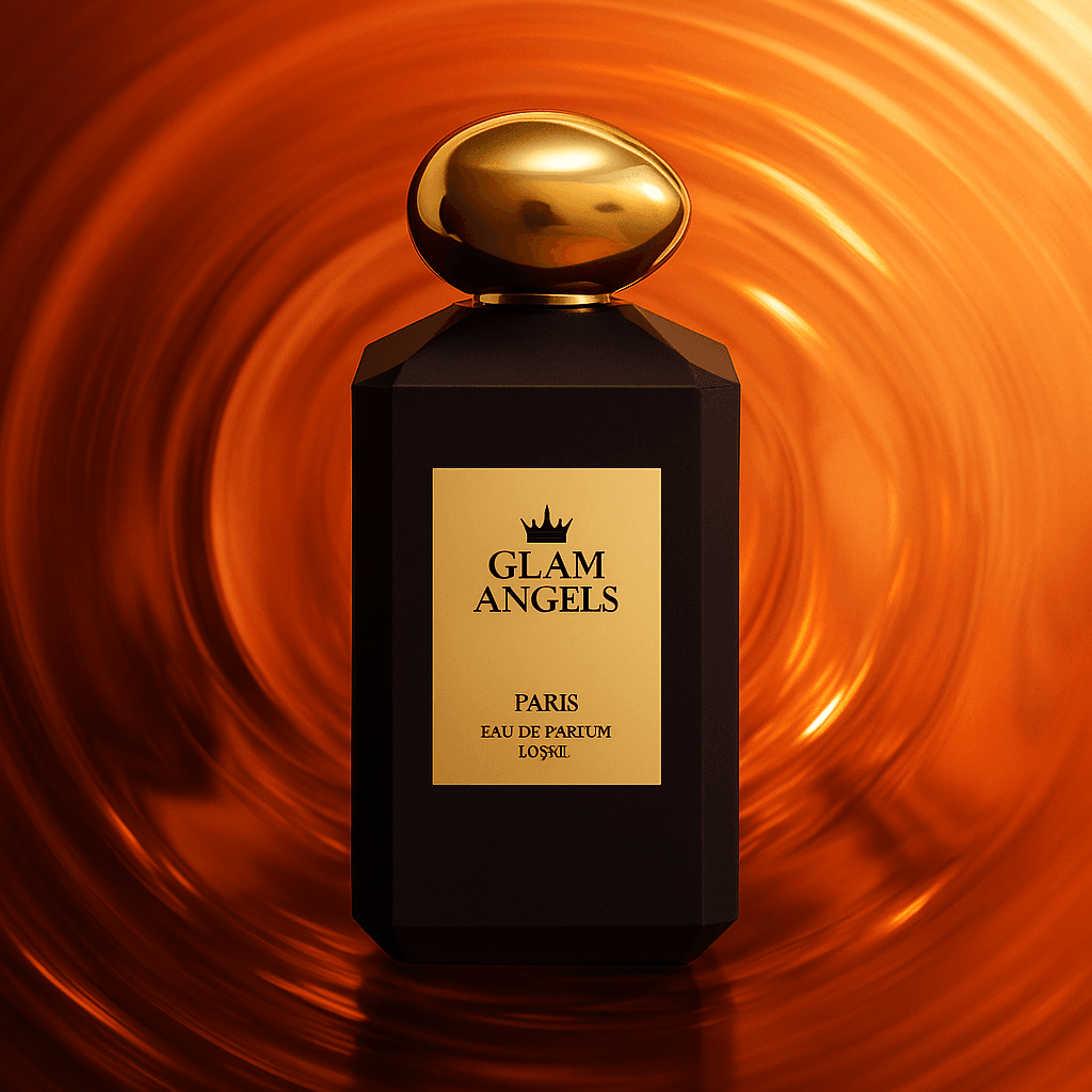 Μπουκάλι αρώματος Glam Angels, μαύρο με χρυσό καπάκι, σε φόντο στροβιλισμού σε ζεστές πορτοκαλί αποχρώσεις. Άρωμα τύπου Stronger With You Intensely